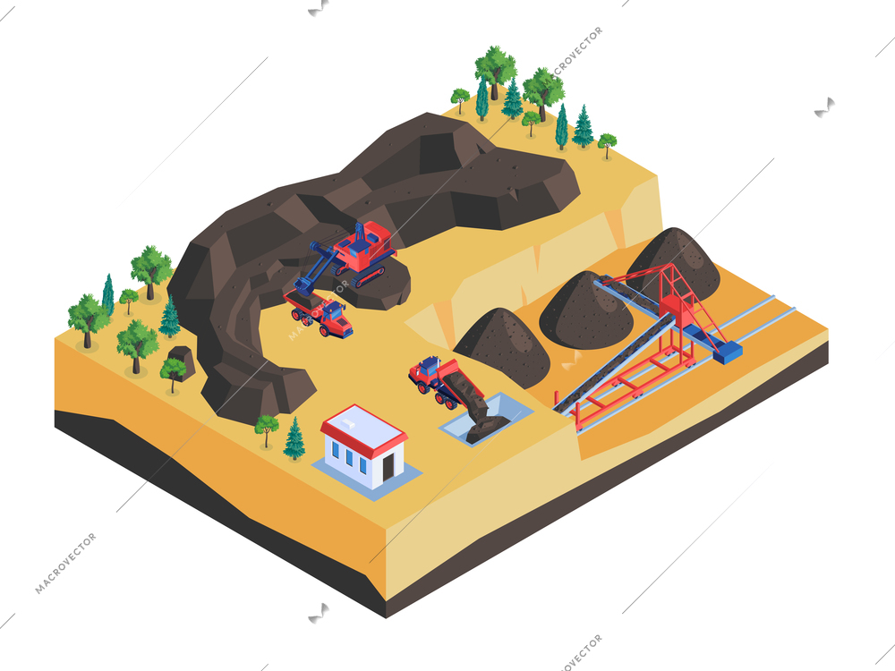 Mine industry surface mining isometric composition with waste rocks trucks excavator removing ores minerals stacker vector illustration