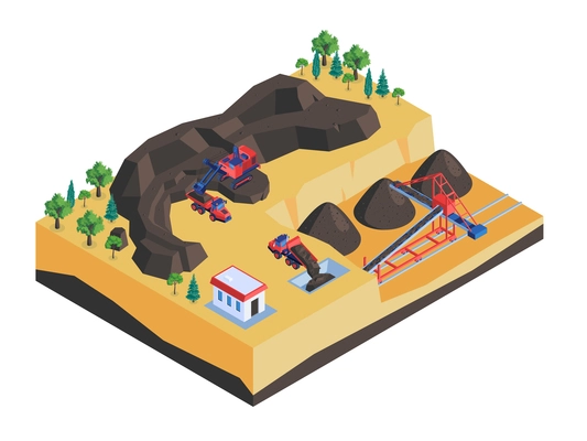 Mine industry surface mining isometric composition with waste rocks trucks excavator removing ores minerals stacker vector illustration