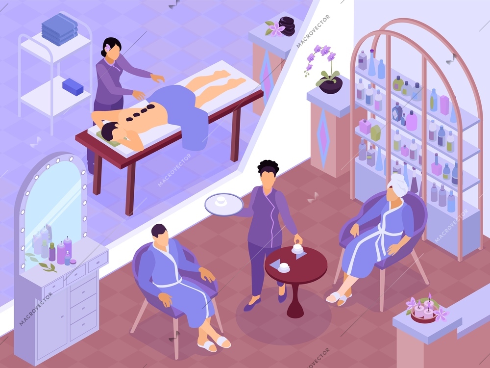 Isometric spa horizontal composition with salon room and clients with physician putting stones on patients spine vector illustration