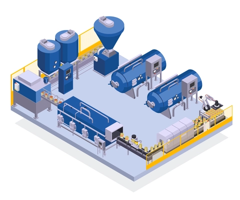 Canned food production isometric composition with view of storage tank moving conveyor line and arm manipulators vector illustration