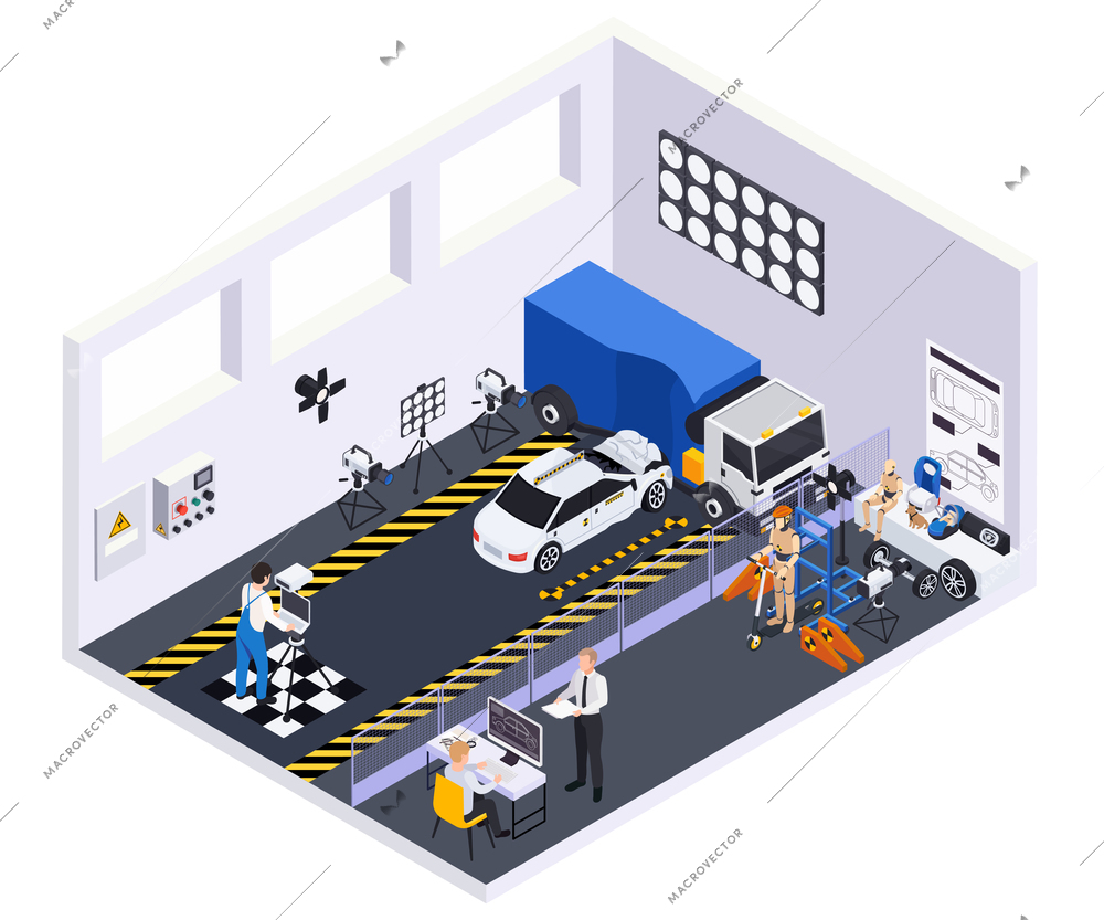 Crash test car safety isometric composition with indoor scenery and car smashing into truck measuring damage vector illustration