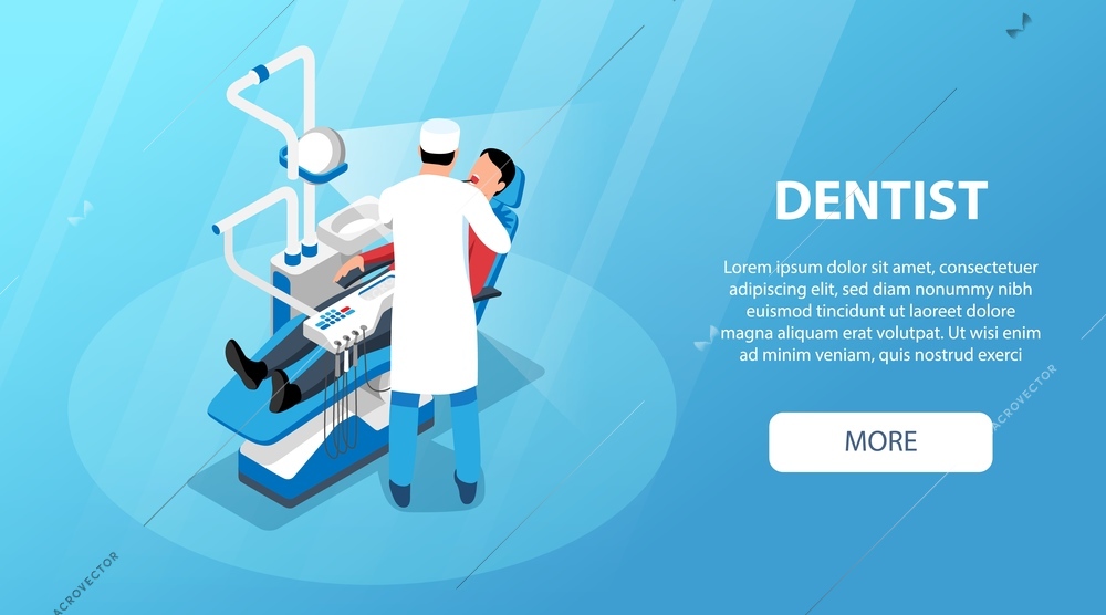 Dentistry isometric horizontal banner depicting stomatologist treating patient lying in medical chair 3d vector illustration