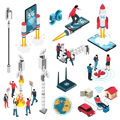 High speed internet technology isometric icons set demonstrated equipment  promoting signal transmission of 5g standard isolated vector illustration