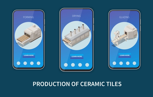 Production of ceramic tiles isometric composition consisting of three smartphone screens with thematic round icons vector illustration