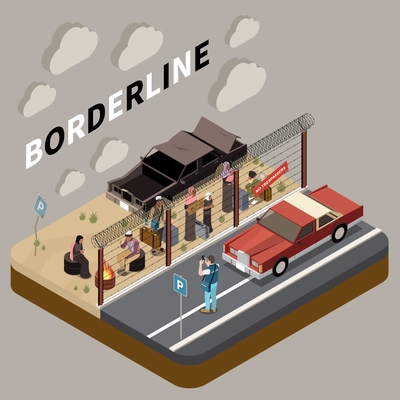 Borderline between countries isometric background with reporter filming muslim family standing behind barbed wire fence vector illustration