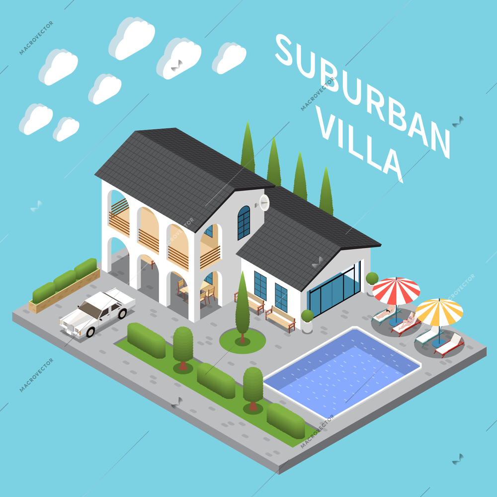 Suburban villa for vacation with pool and sunbathing area isometric composition vector illustration