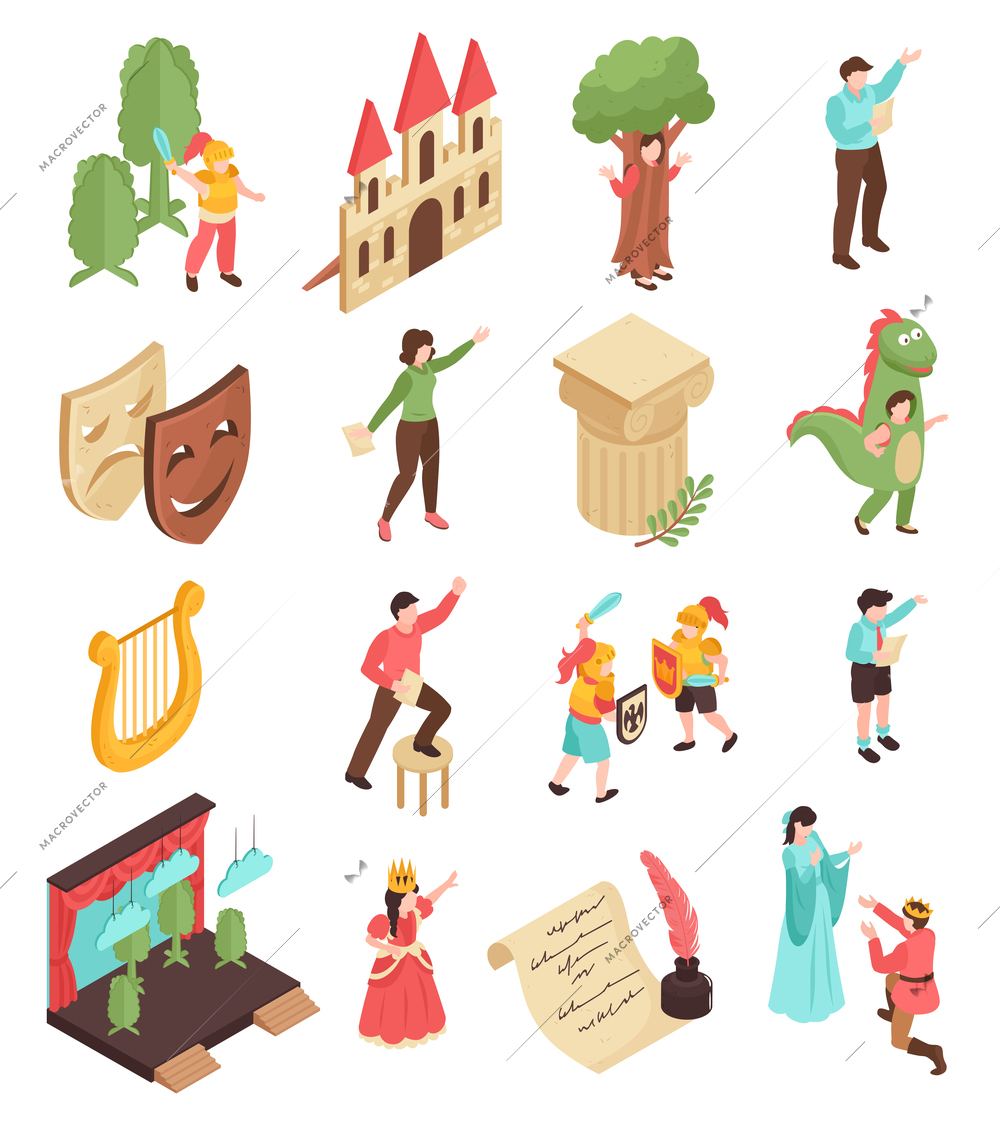 Acting school isometric icons set with drama classes students wearing costumes stage props isolated on white background 3d vector illustration