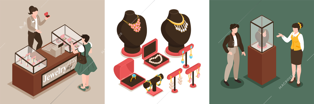Various jewelry with gemstones on stand and shop assistants demonstrating rings and necklace 3d isometric design concept isolated vector illustration