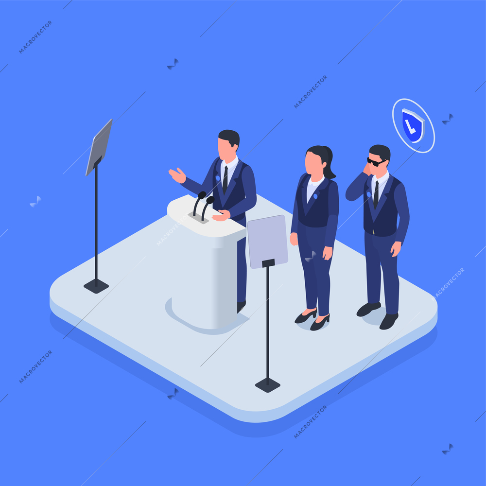 Bodyguard secret security service agent protecting president prominent politician delivering speech onstage isometric composition background vector illustration