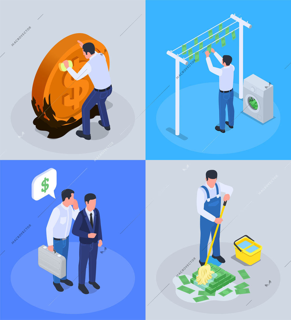 Corruption concept 4 isometric compositions with dirty money laundering hanging on clothesline bribing public official vector illustration