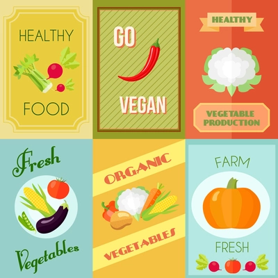 Healthy food vegan and vegetarian mini poster set with farm fresh vegetables isolated vector illustration