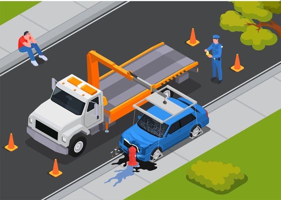 Traffic road accidents isometric composition with car evacuator lifting damaged vehicle crashed into stationary object vector illustration