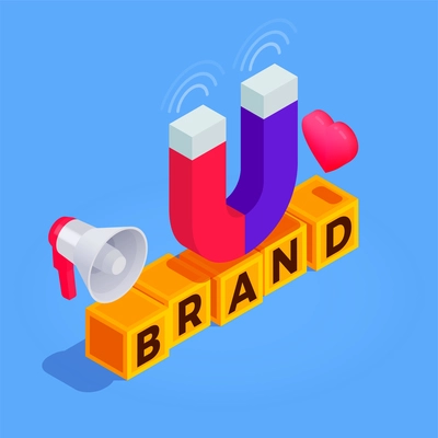 Brand promotion new customers attracting strategy symbols colorful isometric background composition with magnet loudspeaker heart vector illustration
