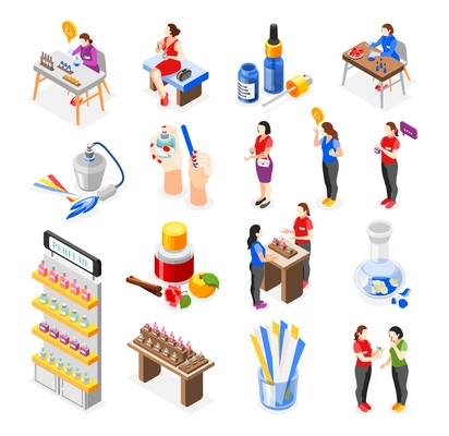 Perfume shop icons set with customer and choice symbols isometric isolated vector illustration