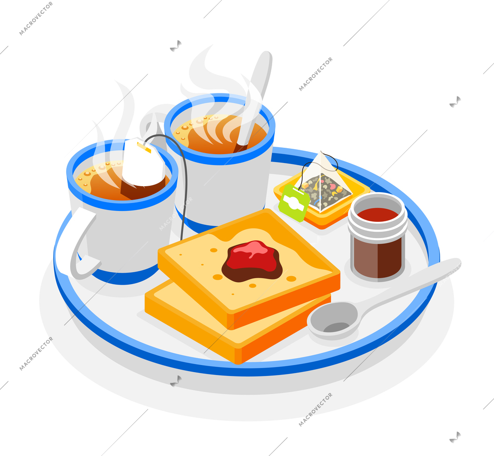 Tea day concept with spoon jam and toasts isometric vector illustration