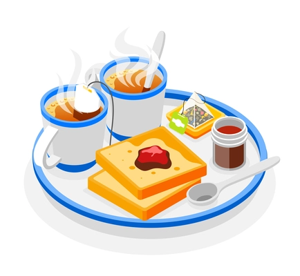 Tea day concept with spoon jam and toasts isometric vector illustration