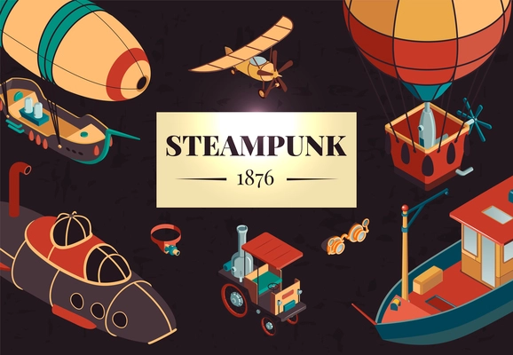 Steampunk horizontal vector illustration with zeppelin ship submarine air balloon cartoon icons in retro style