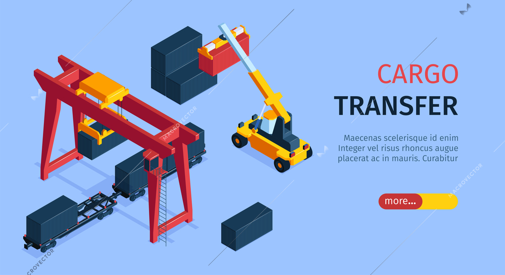 Cargo transfer horizontal banner demonstrated  reachstacker  and mooring crane loader working with containers vector illustration