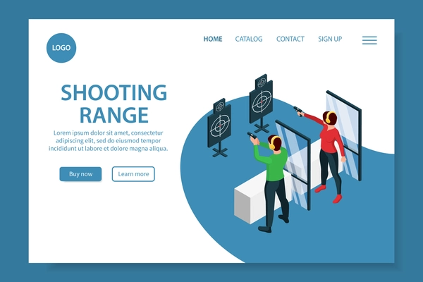 Shooting range isometric web site banner or landing page with links and buttons vector illustration