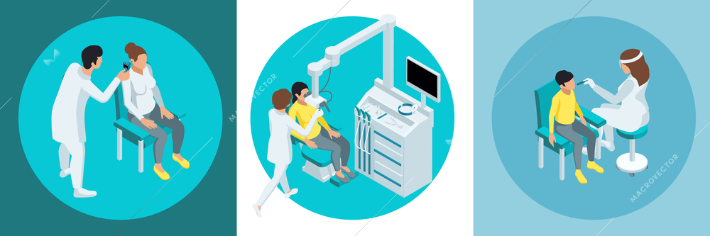 Otolaryngology isometric composition set doctor checks patient s ears with special instrument checking on electronic medical device and checking child s nose vector illustration