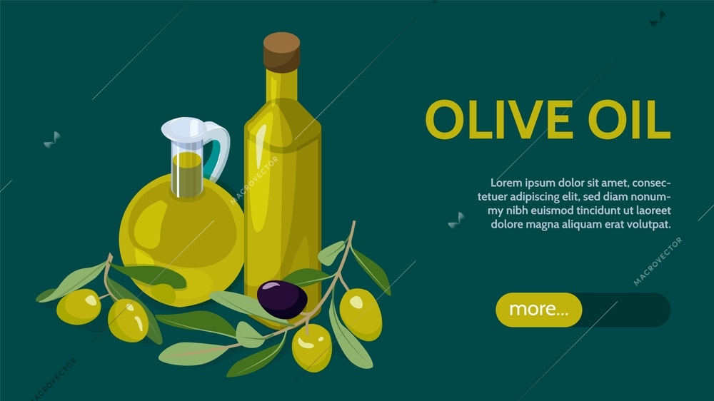 Isometric horizontal banner with glass bottle and jug of olive oil and tree branches on colored background 3d vector illustration