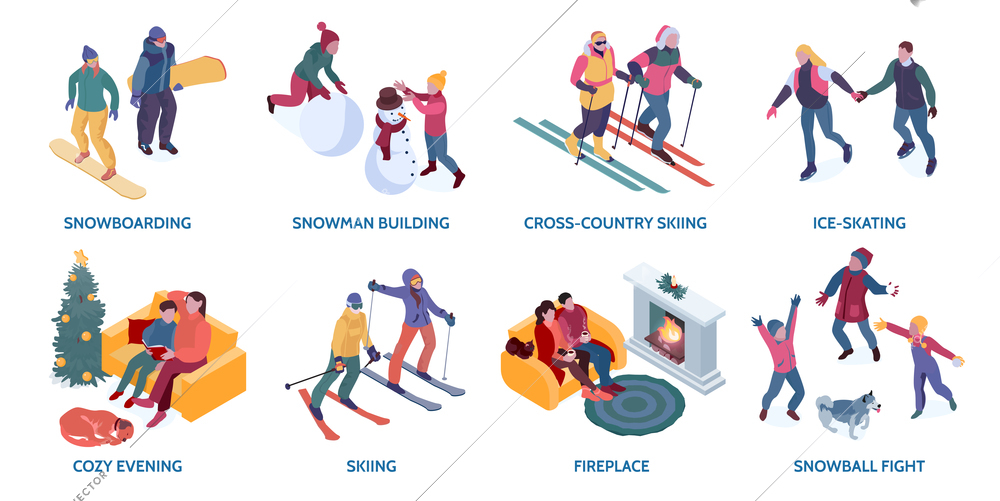 Winter holiday activities compositions set with people snowboarding skiing skating walking spending cozy evening at home 3d isometric isolated vector illustration