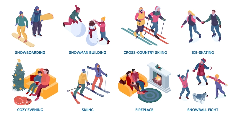 Winter holiday activities compositions set with people snowboarding skiing skating walking spending cozy evening at home 3d isometric isolated vector illustration