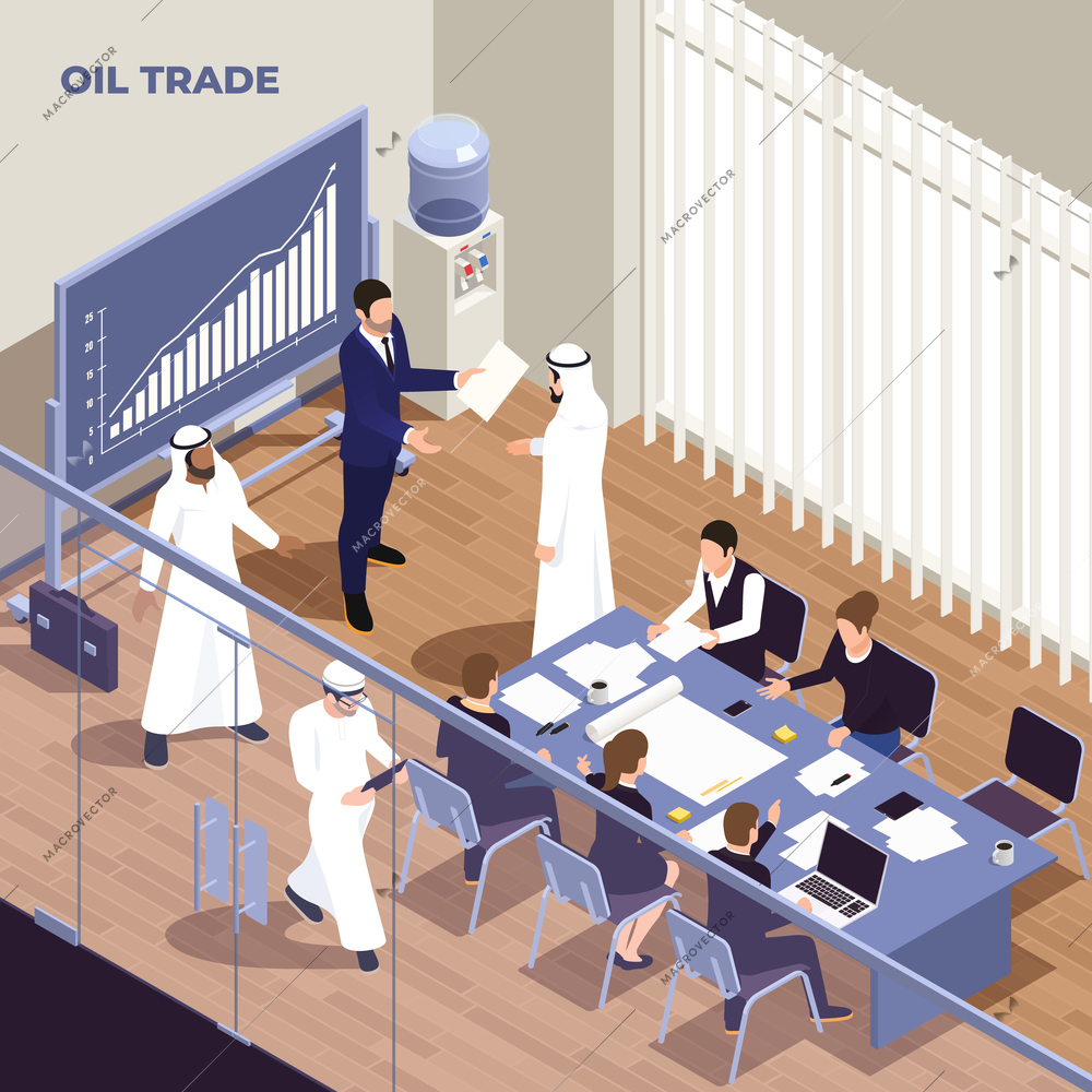 Arab muslims saudi modern isometric people composition with indoor office meeting and executives wearing traditional suites vector illustration