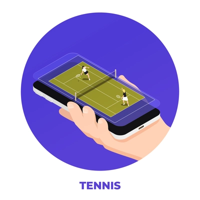 Tennis isometric circle composition with human hand holding smartphone with sport playground and isolated editable text vector illustration