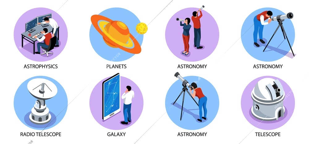 Astronomy isometric round compositions with planets radio telescope people studying constellation of stars icons isolated vector illustration