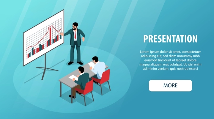 Presentation horizontal banner with businessman showing analytical data statistics to commission members isometric vector illustration