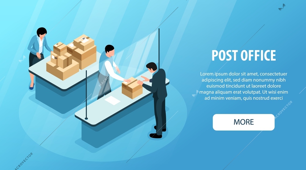 Post office horizontal banner with employee receiving parcel from visitor on post reception isometric vector illustration