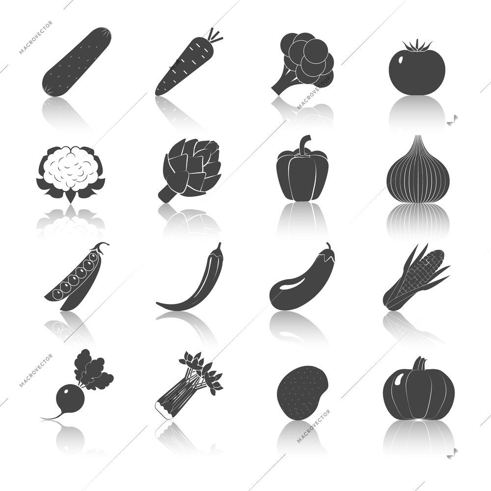 Vegetables black icons set with radish potato onion corn pepper isolated vector illustration