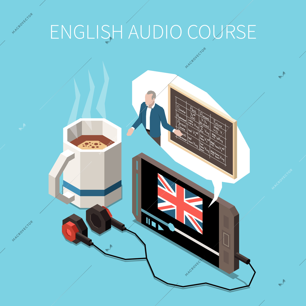 Learning english language audio course isometric composition with 3d smartphone headphones and cup of coffee on blue background vector illustration