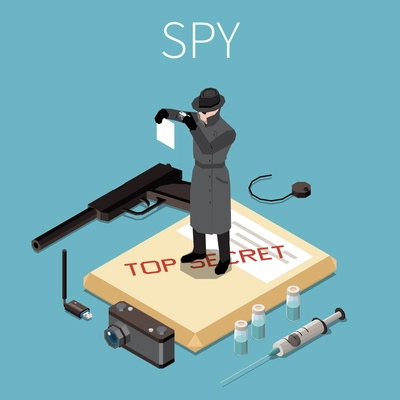 Male character of spy wearing black cloak stands on top secret files with camera syringe handgun on blue background isometric vector illustration