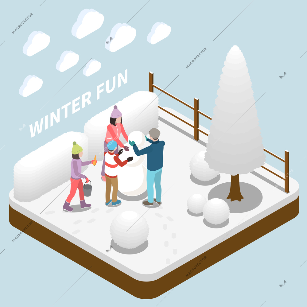 Family with two children making snowman during winter holidays isometric 3d vector illustration