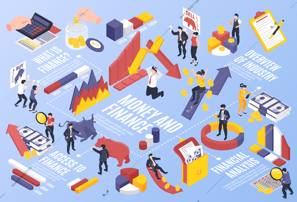 Isometric horizontal finance and money flowchart with 3d human characters financial symbols infographic elements on blue background vector illustration