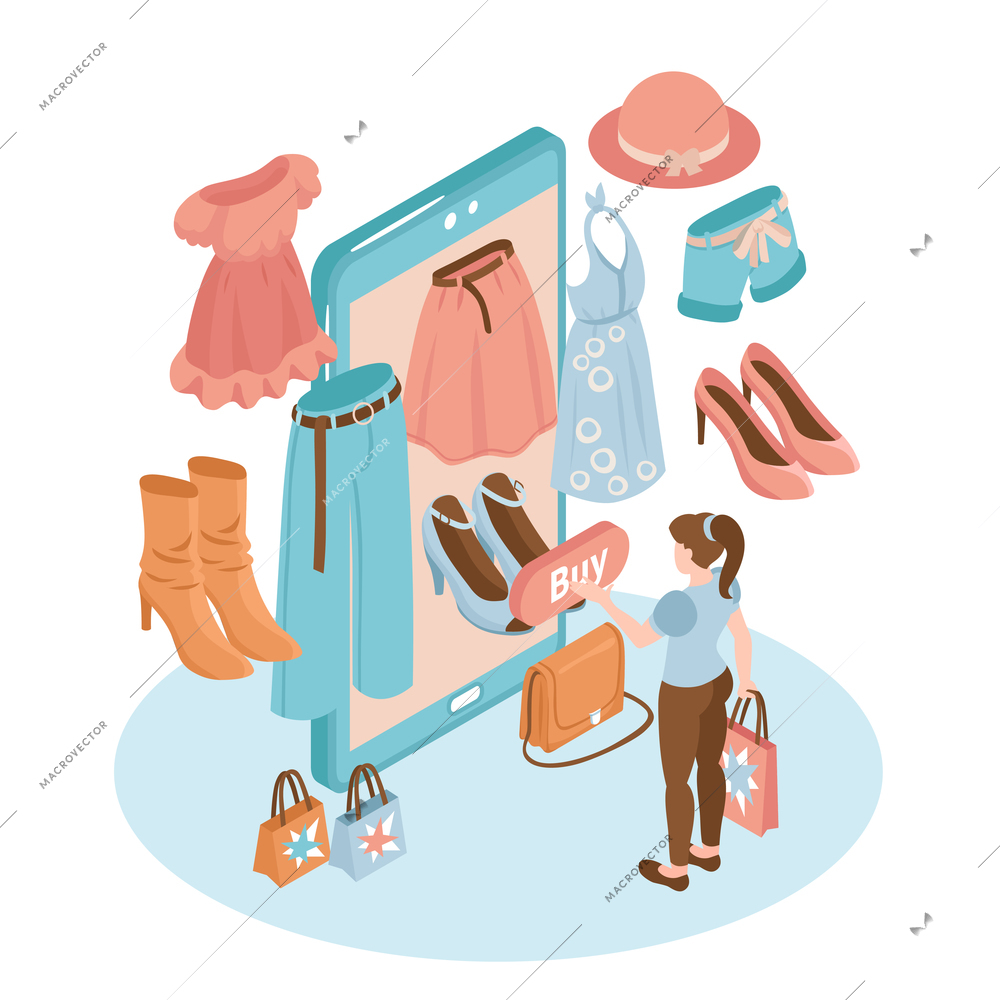 Online shopping fashion clothes isometric concept with woman buying items at web store 3d vector illustration