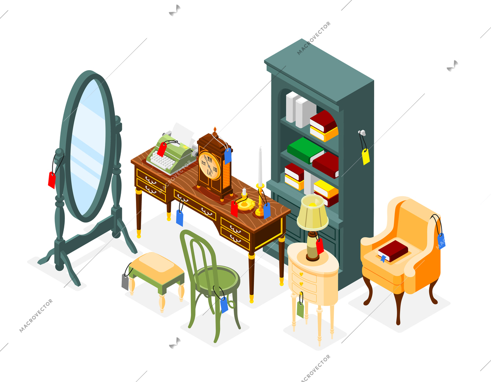 Antique interior isometric background with composition of vintage luxury furniture chairs mirror cabinet and writing table vector illustration