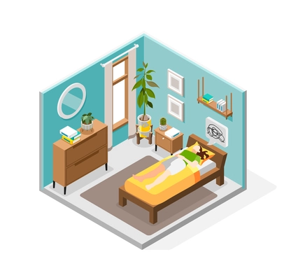 Pms woman isometric composition with view of living room interior with suffering woman lying on bed vector illustration