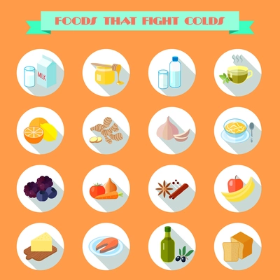 Food that fights cold flat icons set with milk honey water tea isolated vector illustration