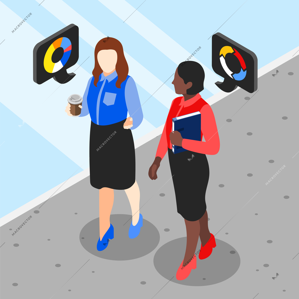 Business lady isometric composition with view of white and african american women walking with chat bubbles vector illustration