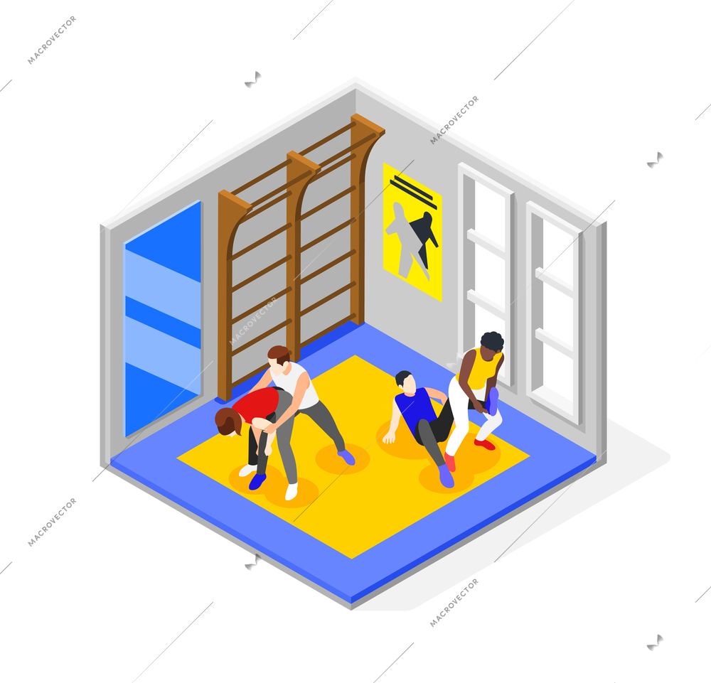 Self defense isometric composition with indoor scenery and gymnastic apparatus with two sparring pairs of athletes vector illustration