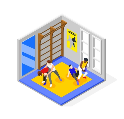 Self defense isometric composition with indoor scenery and gymnastic apparatus with two sparring pairs of athletes vector illustration