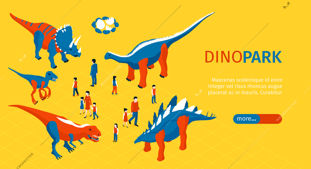 Amusement park horizontal banner with dinosaurs and children isometric vector illustration