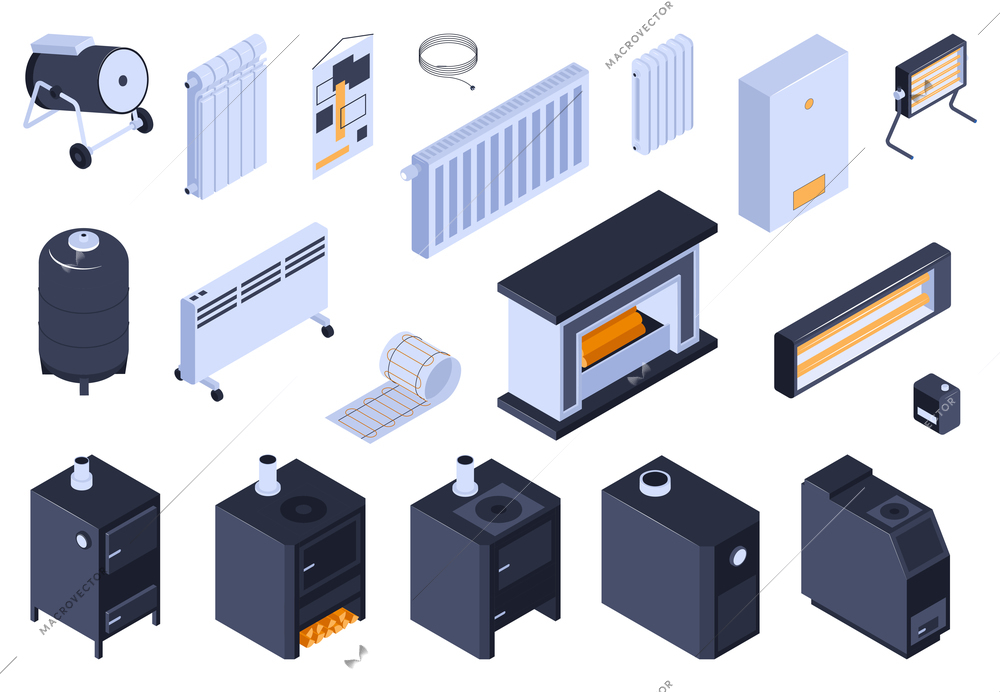 Heating system and boiler color set with fireplace and heat gun isometric isolated vector illustration