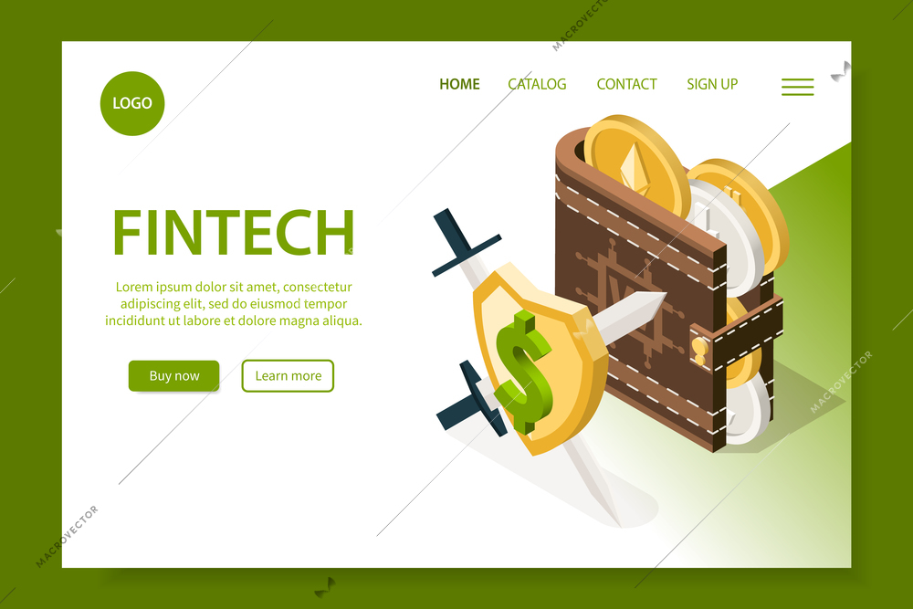 Fintech isometric web site landing page with clickable links editable text and images of money protection vector illustration