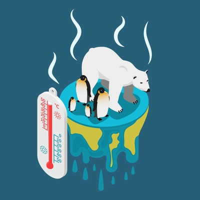 Global warming isometric composition with images of white bear and penguins suffering from heat with thermometer vector illustration