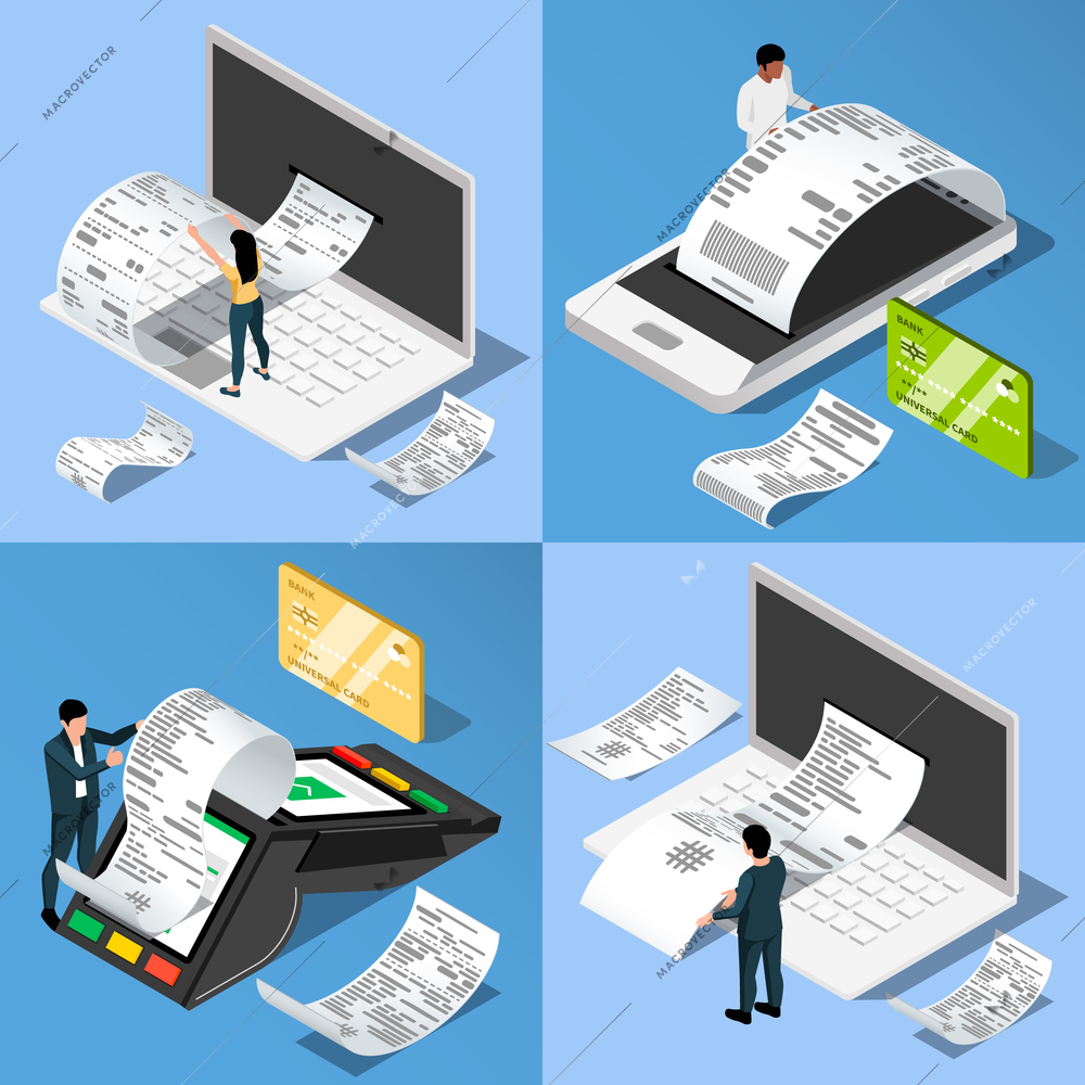 Set of four square compositions with isometric images of receipt bill cards and gadgets with people vector illustration