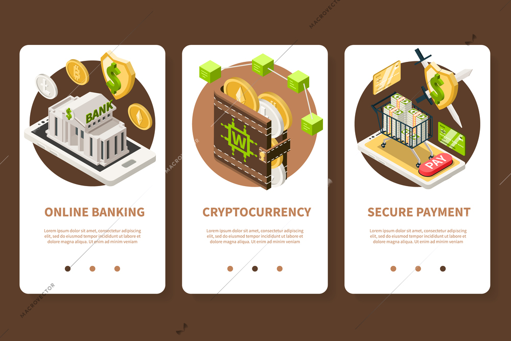 Set of three vertical fintech isometric app design banners with page switch buttons text and images vector illustration